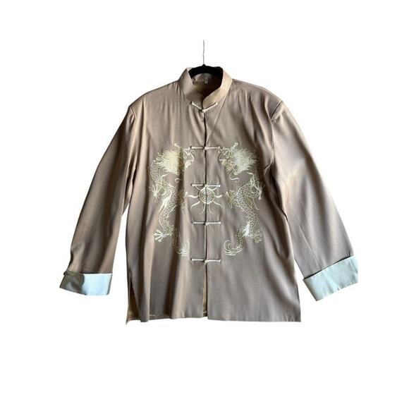 Vtg Women's Satin Traditional Chinese Dragon Tang Embroidered Suit Beige XXL - Picture 1 of 7
